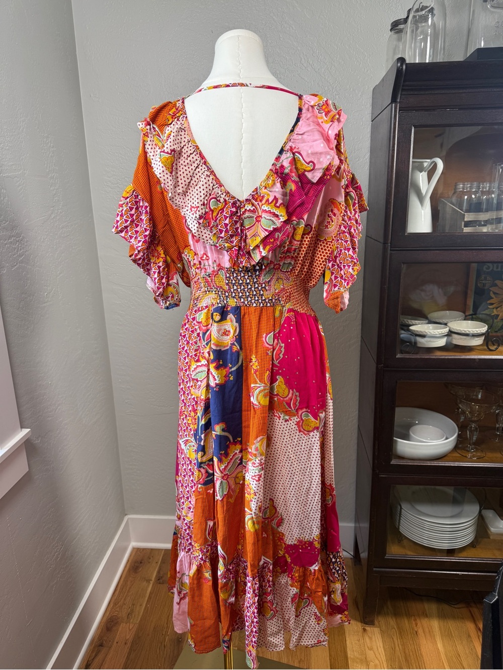 Lapis Patchwork Paisley Boho Smocked Waist On or Off Shoulder Dress Size M - Picture 4 of 9